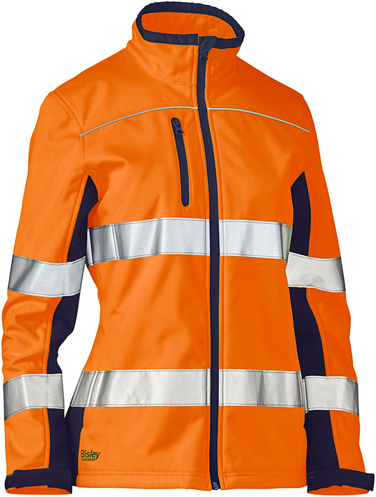 Bisley women's two-tone hi-vis soft shell jacket in orange and navy, front view