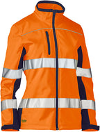 Bisley women's two-tone hi-vis soft shell jacket in orange and navy, front view