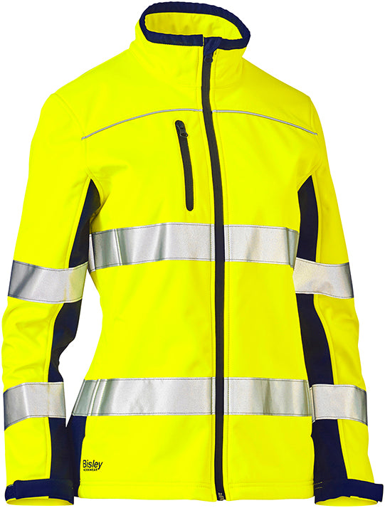 Bisley women's two-tone hi-vis soft shell jacket in yellow and navy, front view