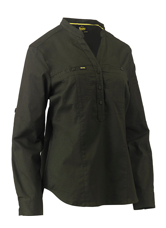 Bisley women's stretch V-neck shirt in olive