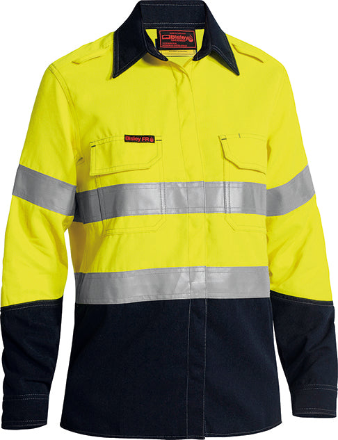 Bisley women's FR vented hi-vis shirt in yellow and navy